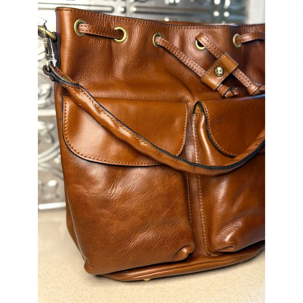 Patricia Nash Bucket Bag Brown Leather Cognac Drawstring Crossbody Handbag